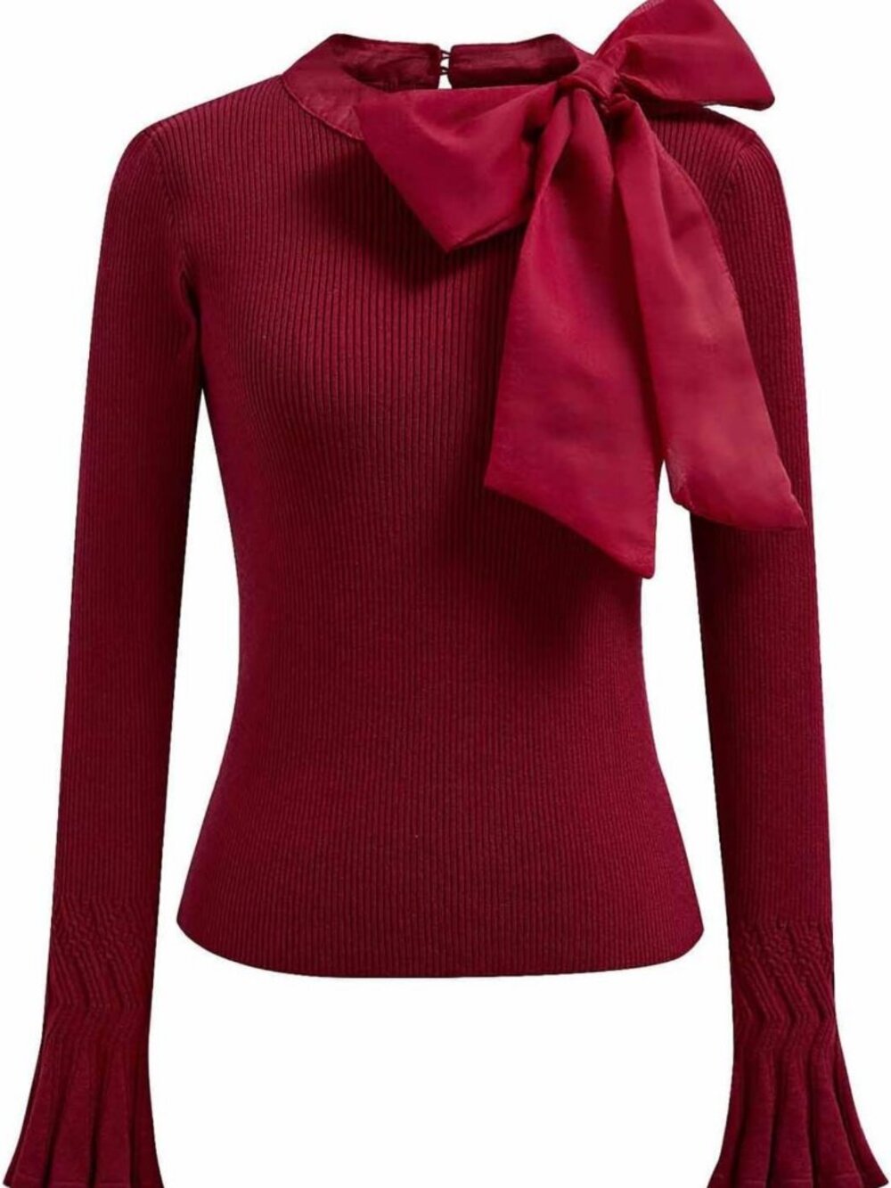 Elegant Bow Tied Long Sleeve Knit Top | Slim Fitted Mock Neck Pullover Blouse